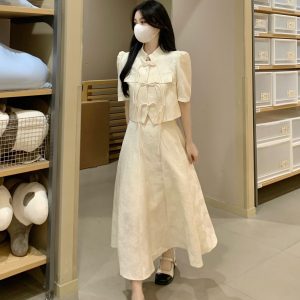 Plus-Size Chinese Style Short Sleeve Jacket for Women, Slimming High-Waisted Retro Half-Length Dress, Elegant National Wind Fashion