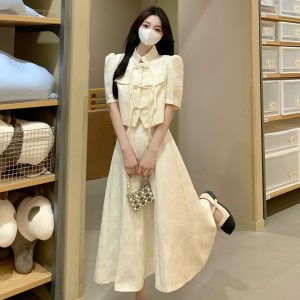 Plus-Size Chinese Style Short Sleeve Jacket for Women, Slimming High-Waisted Retro Half-Length Dress, Elegant National Wind Fashion
