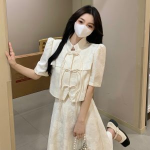 Plus-Size Chinese Style Short Sleeve Jacket for Women, Slimming High-Waisted Retro Half-Length Dress, Elegant National Wind Fashion