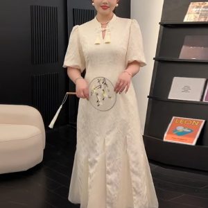 Plus-Size Chinese Style Summer Qipao Dress, Retro Mesh Splicing Skirt, Slimming National Wind Design for Plump Figures