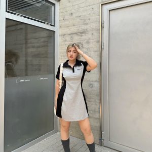 Plus Size Color Block Polo Collar Mid-Length Dress - Waist-Defining Slimming Fit for Women - Elegant Casual Style