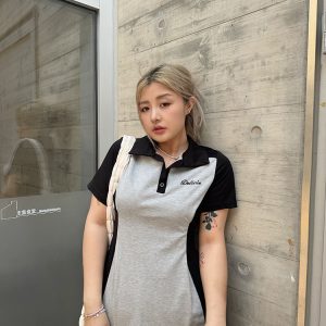 Plus Size Color Block Polo Collar Mid-Length Dress - Waist-Defining Slimming Fit for Women - Elegant Casual Style