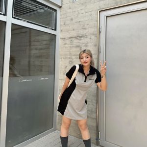 Plus Size Color Block Polo Collar Mid-Length Dress - Waist-Defining Slimming Fit for Women - Elegant Casual Style