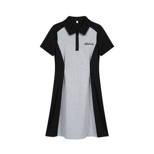 Plus Size Color Block Polo Collar Mid-Length Dress - Waist-Defining Slimming Fit for Women - Elegant Casual Style