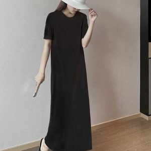 Plus Size Cotton Round Neck Mid-Length Dress, Loose Fit Short Sleeve & Long Sleeve, Slimming Straight Skirt for Spring & Summer