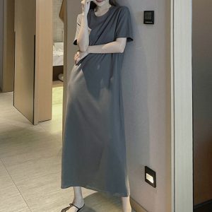 Plus Size Cotton Round Neck Mid-Length Dress, Loose Fit Short Sleeve & Long Sleeve, Slimming Straight Skirt for Spring & Summer