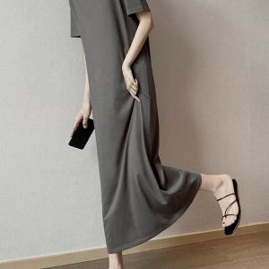Plus Size Cotton Round Neck Mid-Length Dress, Loose Fit Short Sleeve & Long Sleeve, Slimming Straight Skirt for Spring & Summer