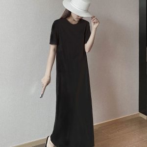 Plus Size Cotton Round Neck Mid-Length Dress, Loose Fit Short Sleeve & Long Sleeve, Slimming Straight Skirt for Spring & Summer