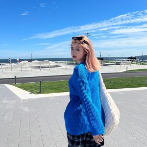 Plus Size Cropped Blue Slouchy Knit Sweater with Asymmetrical Neck - Lazy Style Slimming Fashion for 2024