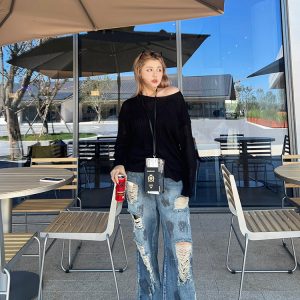 Plus Size Cropped Blue Slouchy Knit Sweater with Asymmetrical Neck - Lazy Style Slimming Fashion for 2024