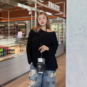 Plus Size Cropped Blue Slouchy Knit Sweater with Asymmetrical Neck - Lazy Style Slimming Fashion for 2024