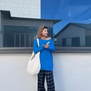 Plus Size Cropped Blue Slouchy Knit Sweater with Asymmetrical Neck - Lazy Style Slimming Fashion for 2024