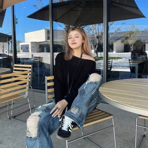 Plus Size Cropped Blue Slouchy Knit Sweater with Asymmetrical Neck - Lazy Style Slimming Fashion for 2024