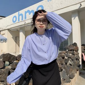 Plus Size Cute Academy Style Blue Striped Long Sleeve Shirt - Sea Salt Brandy Color, Round Neck, Slightly Chubby Fit