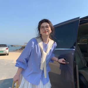 Plus Size Cute Academy Style Blue Striped Long Sleeve Shirt - Sea Salt Brandy Color, Round Neck, Slightly Chubby Fit