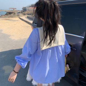 Plus Size Cute Academy Style Blue Striped Long Sleeve Shirt - Sea Salt Brandy Color, Round Neck, Slightly Chubby Fit