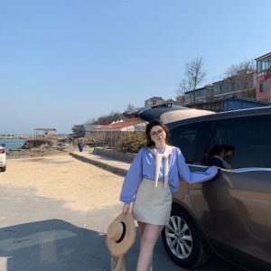 Plus Size Cute Academy Style Blue Striped Long Sleeve Shirt - Sea Salt Brandy Color, Round Neck, Slightly Chubby Fit