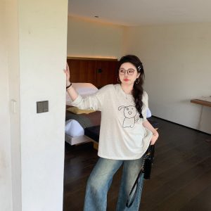 Plus Size Cute Cream Dog Print Long Sleeve T-Shirt - Round Neck Sun Protection Cover-Up - Casual 90s Style Top