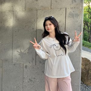 Plus Size Cute Cream Dog Print Long Sleeve T-Shirt - Round Neck Sun Protection Cover-Up - Casual 90s Style Top