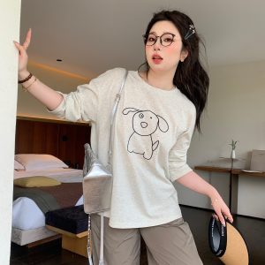 Plus Size Cute Cream Dog Print Long Sleeve T-Shirt - Round Neck Sun Protection Cover-Up - Casual 90s Style Top
