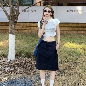 Plus Size Dark Blue Summer Skirt for Women - Slimming Knee-Length Straight Skirt - Chic Plus-Size Fashion Essential