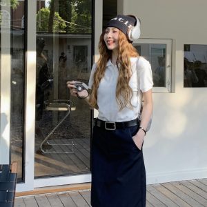 Plus Size Dark Blue Summer Skirt for Women - Slimming Knee-Length Straight Skirt - Chic Plus-Size Fashion Essential