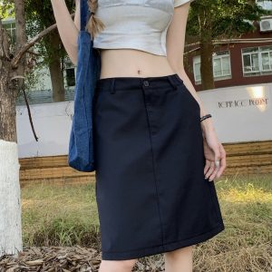 Plus Size Dark Blue Summer Skirt for Women - Slimming Knee-Length Straight Skirt - Chic Plus-Size Fashion Essential