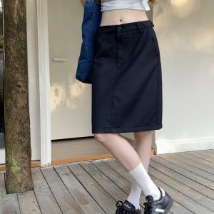 Plus Size Dark Blue Summer Skirt for Women - Slimming Knee-Length Straight Skirt - Chic Plus-Size Fashion Essential