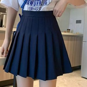Plus Size Deep Blue High Waist Pleated Skirt for Women, Slimming Anti-Exposure A-Line Design, Stylish Short Skirt for Curvy Girls