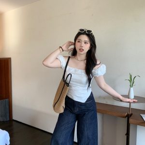 Plus Size Designer Lace One-Shoulder Top - Slimming Pleated Short T-Shirt for Summer - Trendy Chubby Style