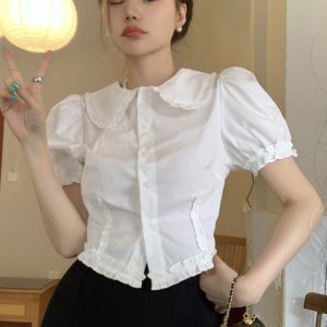Plus Size Doll Collar Short Sleeve Shirt for Women - Summer 2025 French Style Slim Fit Flattering Crop Top