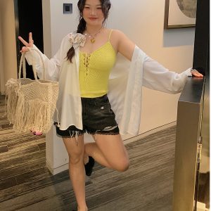 Plus Size Drawstring Strap Vest for Women - 2025 Summer Micro Fat Top in Pure Desire Style