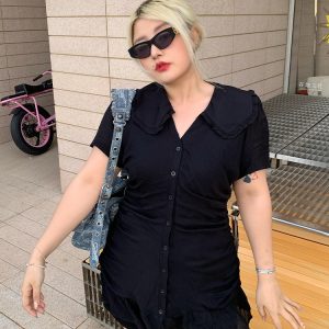 Plus Size Elegant A-Line Little Black Dress, Pleated Chiffon Commuter Style, French-Inspired Design for Effortless Chic Look