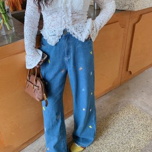Plus Size Embroidered Bear Denim Pants for Women - Flattering Straight-Leg Blue Jeans, Spring Summer 2025, Y2K Style