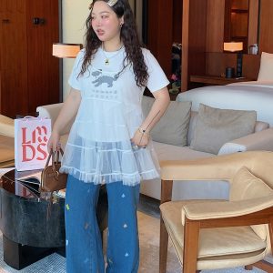 Plus Size Embroidered Bear Denim Pants for Women - Flattering Straight-Leg Blue Jeans, Spring Summer 2025, Y2K Style