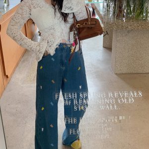 Plus Size Embroidered Bear Denim Pants for Women - Flattering Straight-Leg Blue Jeans, Spring Summer 2025, Y2K Style