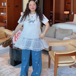 Plus Size Embroidered Bear Denim Pants for Women - Flattering Straight-Leg Blue Jeans, Spring Summer 2025, Y2K Style