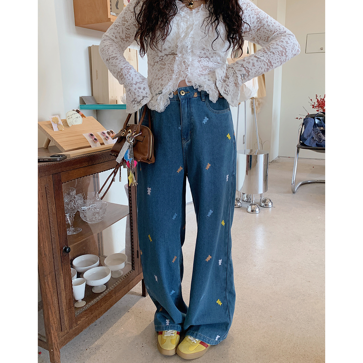 Plus Size Embroidered Bear Denim Pants for Women - Flattering Straight-Leg Blue Jeans, Spring Summer 2025, Y2K Style
