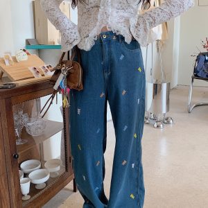Plus Size Embroidered Bear Denim Pants for Women - Flattering Straight-Leg Blue Jeans, Spring Summer 2025, Y2K Style