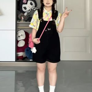 Plus-Size Embroidered Denim Overalls for Women, Stylish Summer Shorts for Curvy Figures, Slimming Fit for Petite Styles