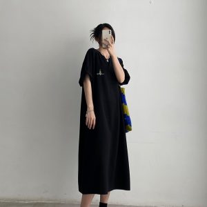 Plus-Size Embroidered Knee-Length Summer Skirt Dress in Loose Korean Style - Casual Grapefruit Design for Women