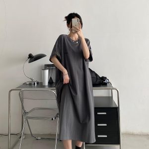 Plus-Size Embroidered Knee-Length Summer Skirt Dress in Loose Korean Style - Casual Grapefruit Design for Women