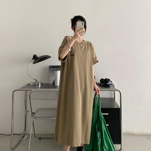 Plus-Size Embroidered Knee-Length Summer Skirt Dress in Loose Korean Style - Casual Grapefruit Design for Women