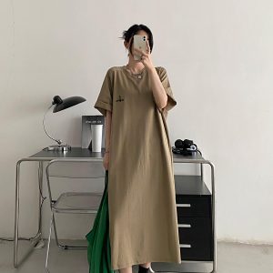 Plus-Size Embroidered Knee-Length Summer Skirt Dress in Loose Korean Style - Casual Grapefruit Design for Women