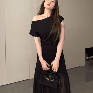 Plus-Size Flattering Off-Shoulder Summer Dress, Long Patchwork Little Black Dress for Women, Trendy and Fashionable Design