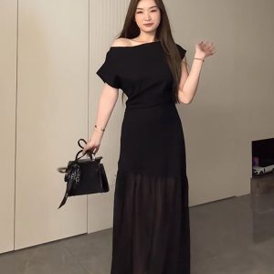 Plus-Size Flattering Off-Shoulder Summer Dress, Long Patchwork Little Black Dress for Women, Trendy and Fashionable Design