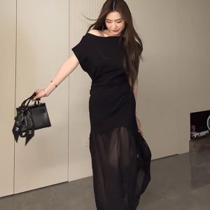 Plus-Size Flattering Off-Shoulder Summer Dress, Long Patchwork Little Black Dress for Women, Trendy and Fashionable Design