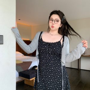 Plus Size Floral Bow Cami Dress - Korean Style, Romantic Atmosphere, Summer Fashion, Slightly Chubby, Itaewon-Inspired