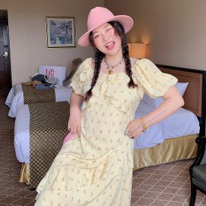 Plus Size Floral Dress for Women - Unique Yellow Summer Dress 2025, Boho Style, Vintage-Inspired, Perfect for Casual Outings