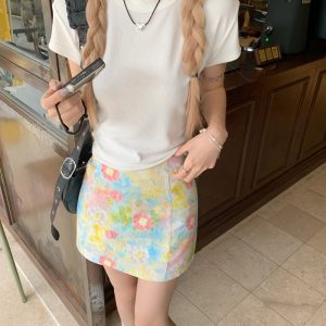 Plus Size Floral Half Skirt for Women - Summer A-Line High Waist Bodycon Short Skirt with Colorful Oil Painting Design